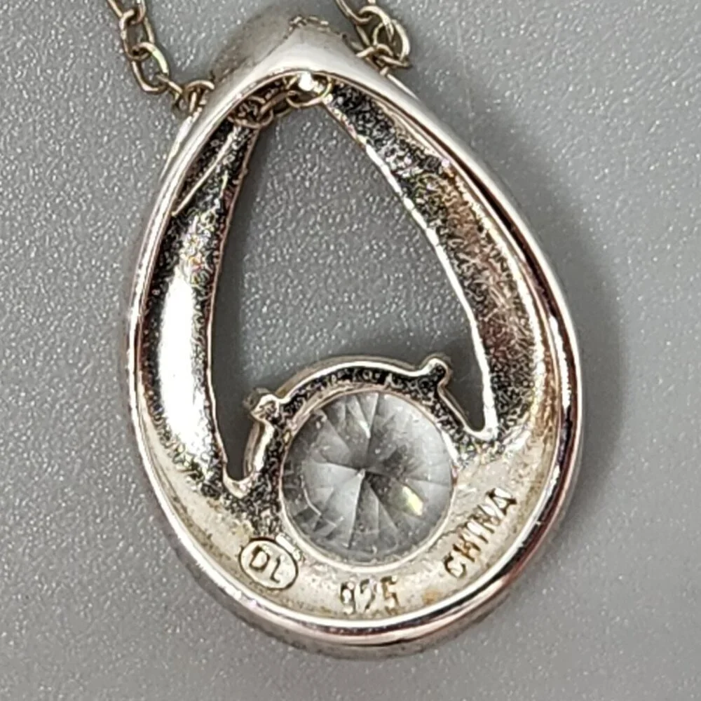 Sterling Silver Teardrop Pendant Necklace w CZ accent 925 DL Italy Link Chain - Picture 5 of 9